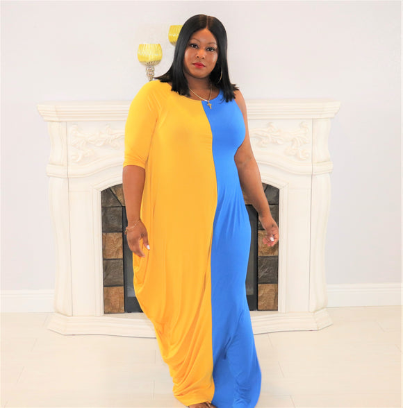 Goddess Color Block Maxi Dress - Mustard/Turquoise